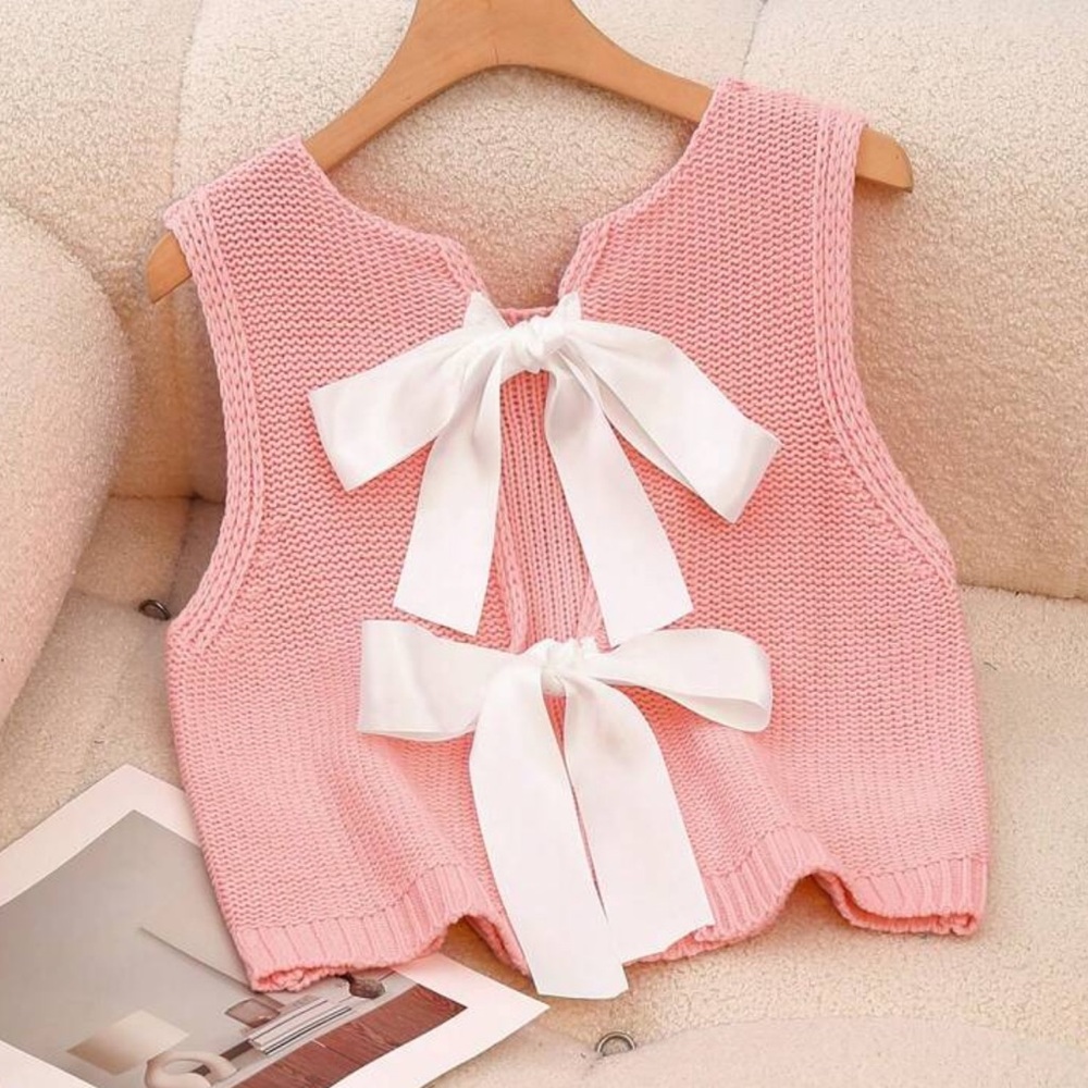 Pink Knit Open Back Bow Top